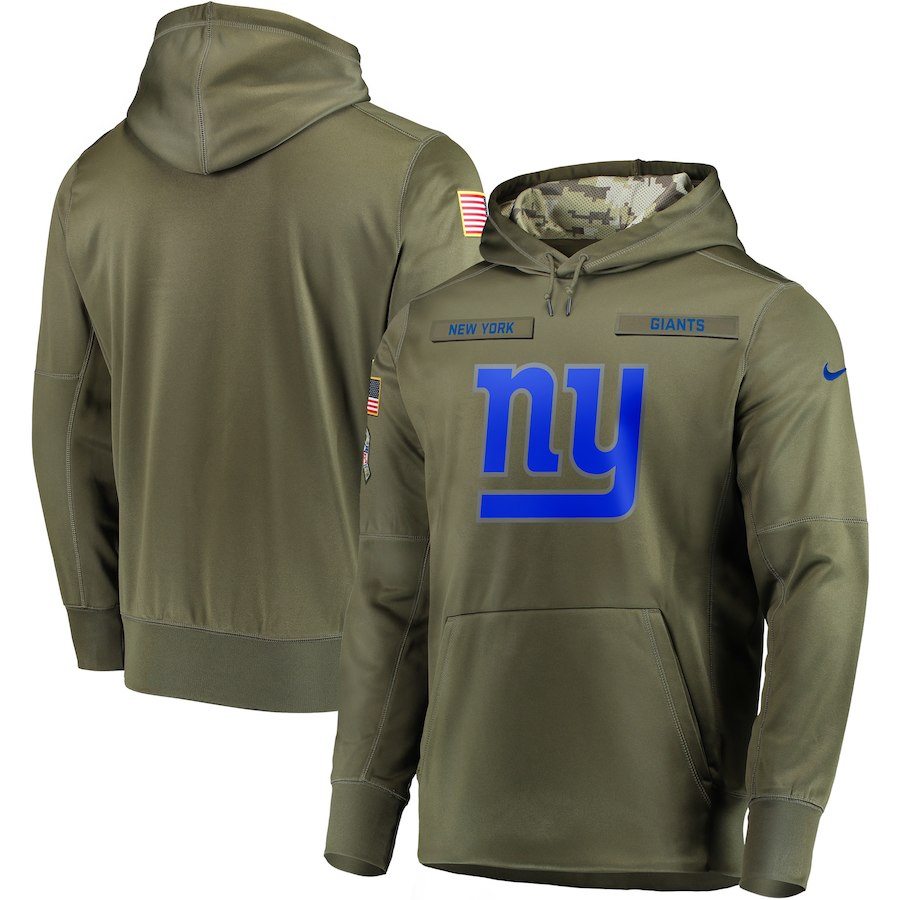 Men's New York Giants 2018 Olive Salute to Service Sideline Therma Performance Pullover Stitched Hoodie Men's New York Giants 2018 Olive Salute to Service Sideline Therma Performance Pullover Stitched Hoodie